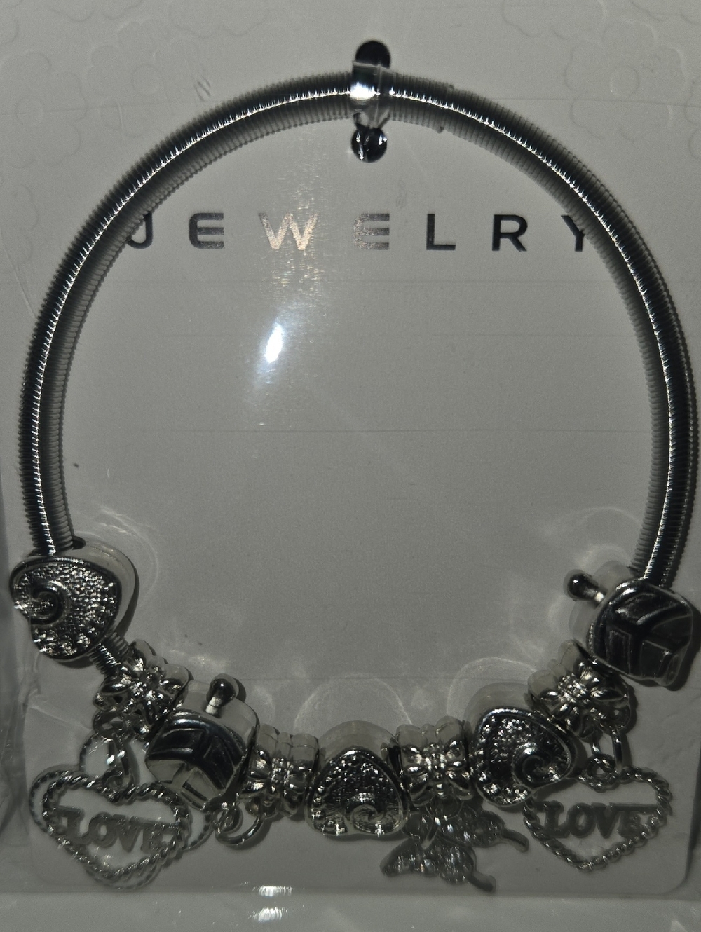 Silver Heart Charm Bracelet with LOVE Pendants White Clover